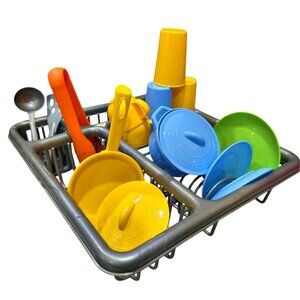 Lot of Pretend Play Dishes with Drying Draining Rack Mixed Brands